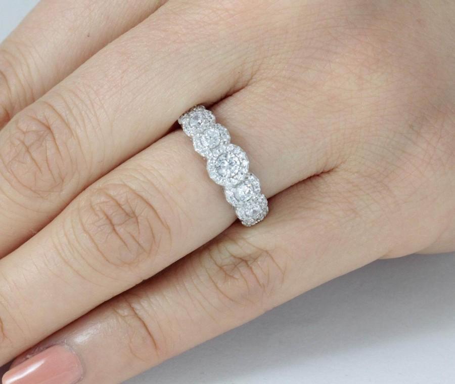 Hochzeit - 925 Sterling Silver Round Halos Half Eternity Diamond Simulant CZ Engagement Ring Wedding Band Women Size 2.5-15 ML1328