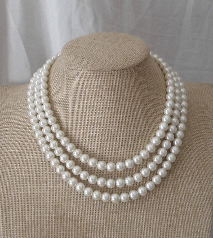 Hochzeit - Pearl Necklace,  Ivory Pearl Necklace ,Glass Pearl Necklace,3 Strands Pearl Necklace,Wedding Jewelry,Bridesmaid necklace,Wedding necklace