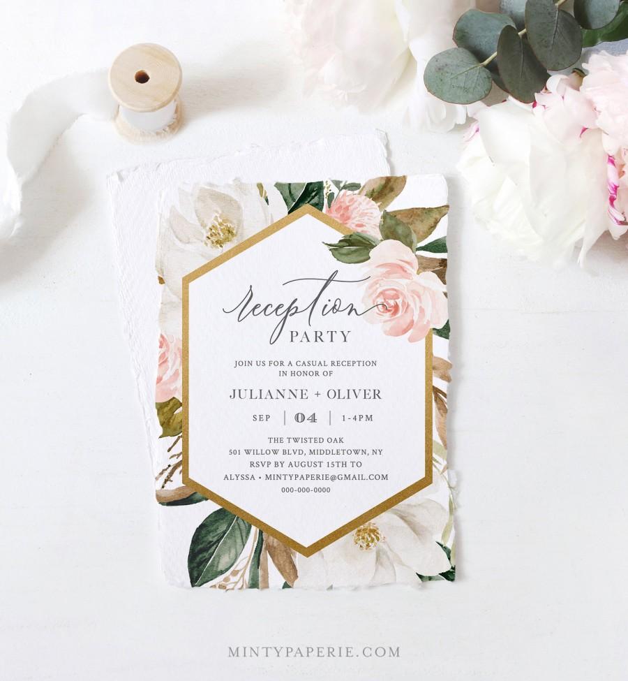 Hochzeit - Printable Reception Party Template, Elopement Reception Invitation, Magnolia& Blush Florals, 100% Editable Text, INSTANT DOWNLOAD #015-109WR