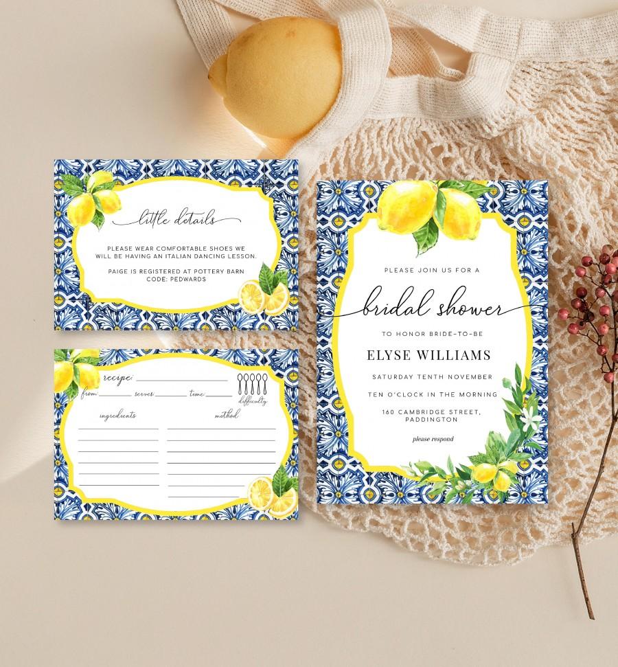 Hochzeit - Bridal Shower Invitation, Details, Recipe Card - Positano Blue Tile - Hens Party Invitation - Tropical Lemons - Bachelorette Party - DIY