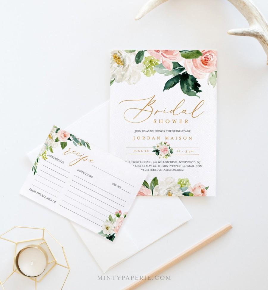 زفاف - Bridal Shower Invitation + Recipe Card Set, Instant Download, Editable Template, Printable Invite & Recipe Insert, Floral Greenery #043-BSRC