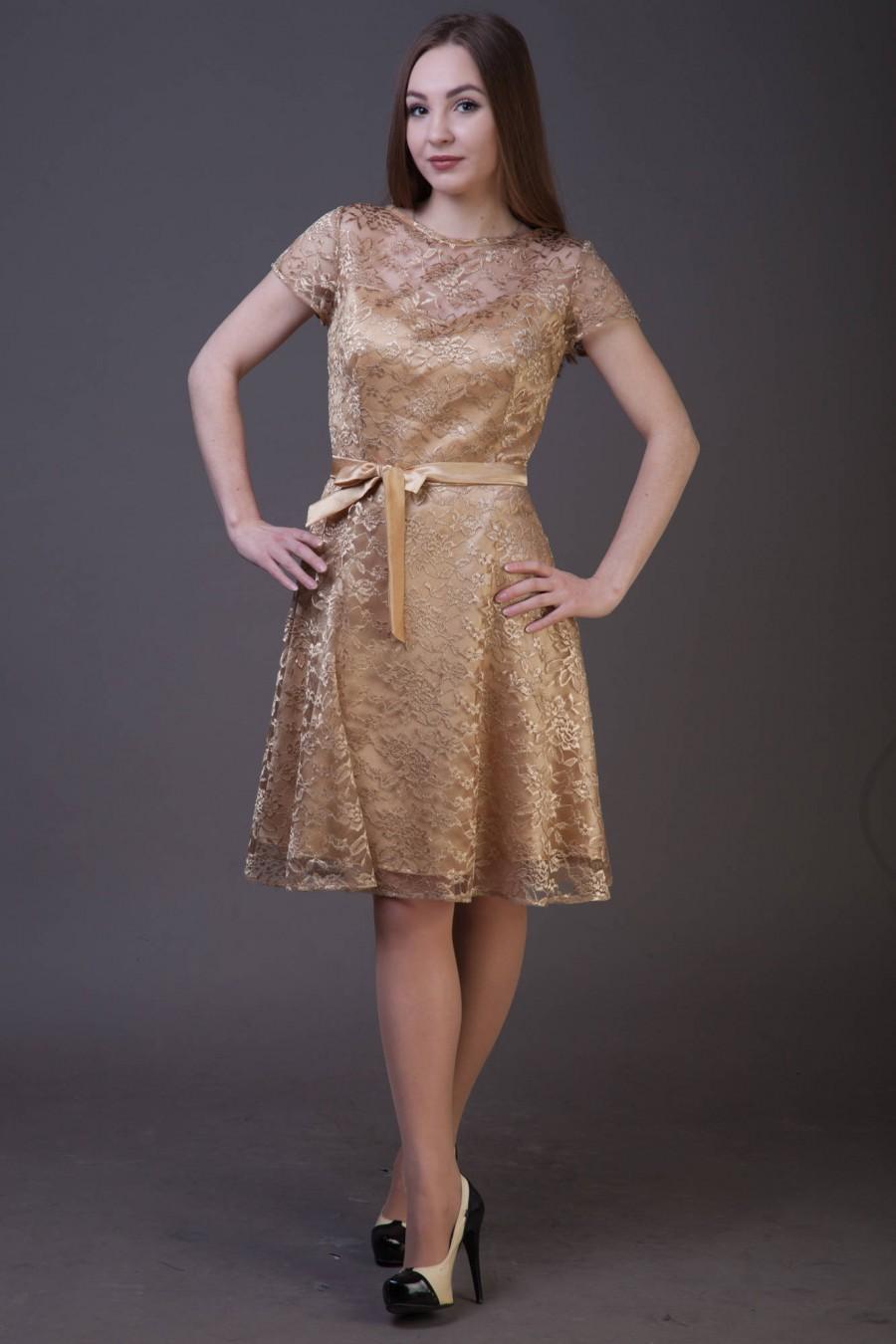 Hochzeit - Gold cocktail dress with sash. Bridesmaid dress with short sleeves. Party outfit women