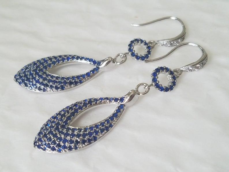 زفاف - Blue Silver Long Earrings, Sapphire Blue Crystal Earrings, Cobalt Blue CZ Teardrop Earrings, Royal Blue Jewelry, Blue Leaf Dangle Earrings