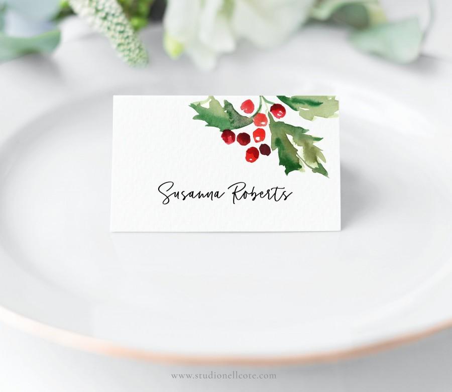 Hochzeit - Watercolor Holly Place Cards , Christmas Escort Cards, Christmas Place Cards, Escort Cards-Printable Place Cards, Xmas Name Cards, SN012C_PC