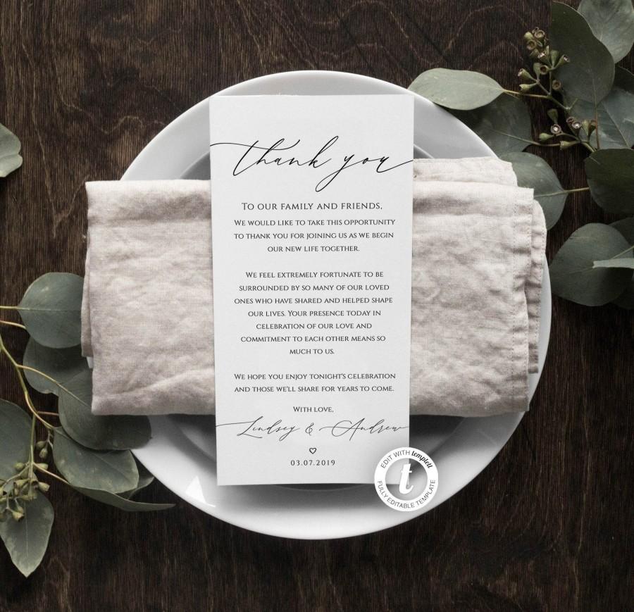Hochzeit - Wedding Thank You Note Template, Rustic, Wedding Place Setting Thank You, Table Card, Editable, Instant Download, Wedding Table Decor, BD50