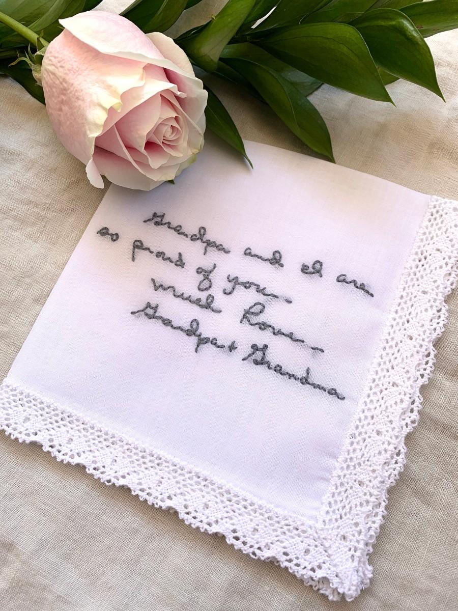Mariage - Custom Embroidered Handwriting Wedding Handkerchief for the Bride, Personalized Hanky, Something Blue, Bridal Handkerchief, Wedding Hanky