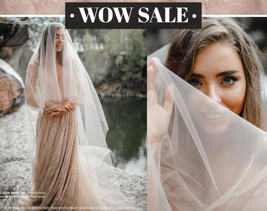 Mariage - Powder Nude Classic Long Cathedral Tulle Veil with Blusher, Luxury Soft Nude Tulle Veil, Boho High Quality Handmade TAN Veil