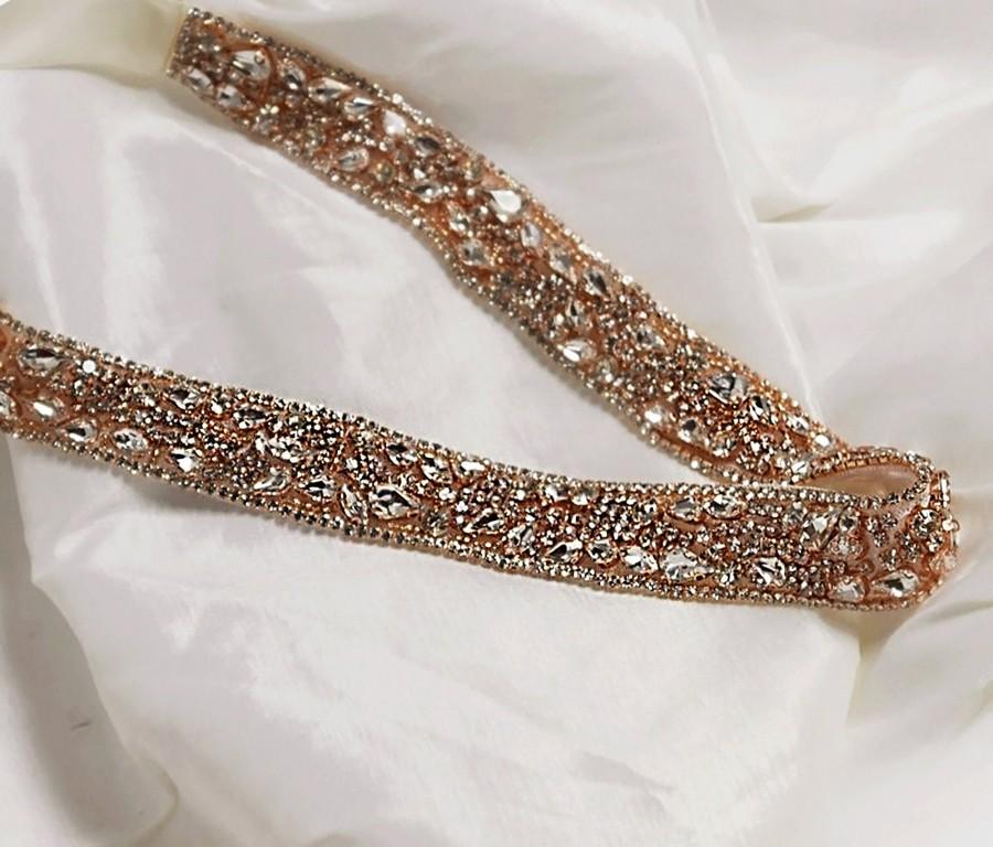 زفاف - Bridal Rose Gold Plated Rhinestone Sash Belt, Wedding Crystal Sash, Wedding Accessories, Multi Color Satin Bridal Belt, Wedding Belt-BT 008