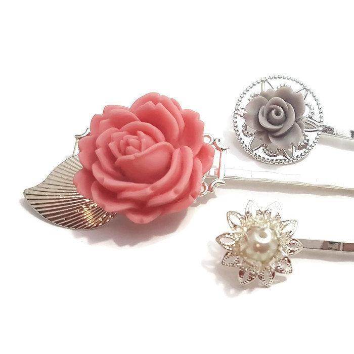 زفاف - Pink Hair Pins- Flower Bobby Pins-Set of 3-Bridesmaid Gift-Gray Hair Clip-Silver Hair Pin-Grey Hair Comb-Pearl Hair Pins-Floral Bobby Pins