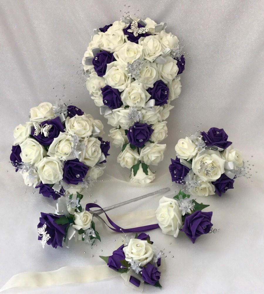 Wedding - Artificial wedding bouquets flowers sets ivory purple