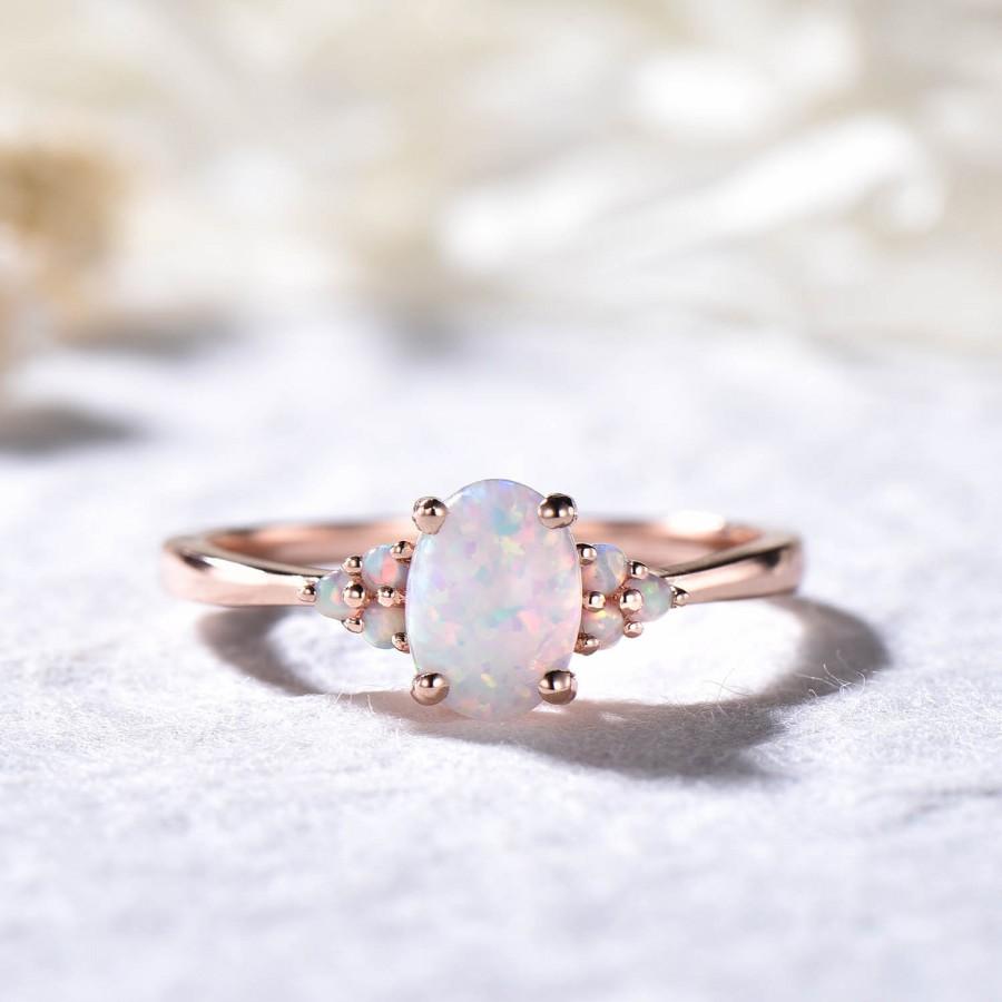Wedding - Rose Gold Cluster Opal Ring 14k Sterling Silver Women Engagement Ring Wedding Band October Birthstone Ring for Women Statement Anniversary