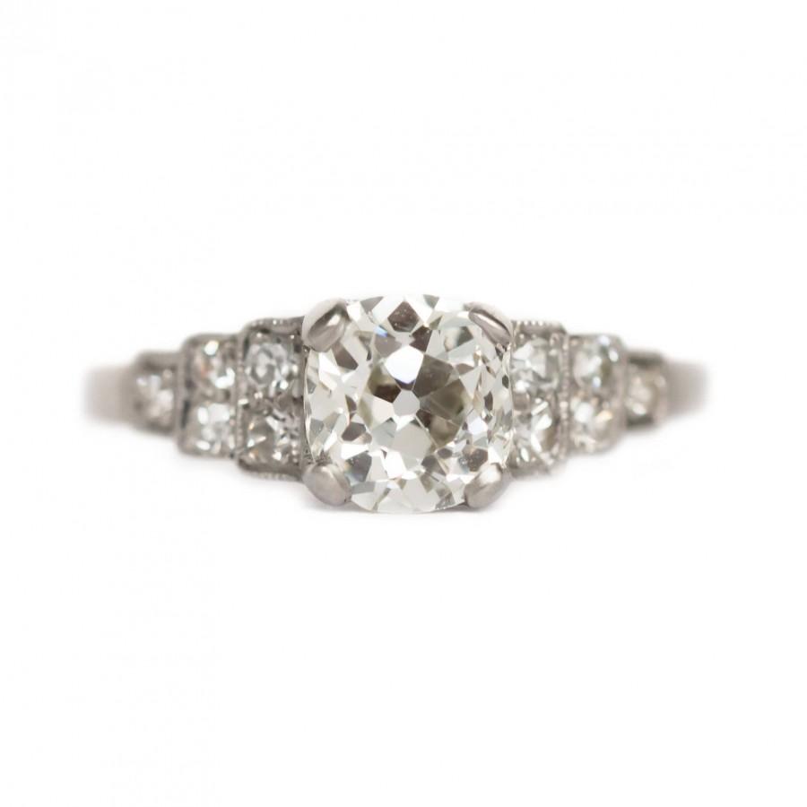 Wedding - Circa 1920s Art Deco Platinum 1.17ct Antique Cushion Cut & .12cttw Old European Brilliant Cut Diamond Engagement Ring - VEG#1047