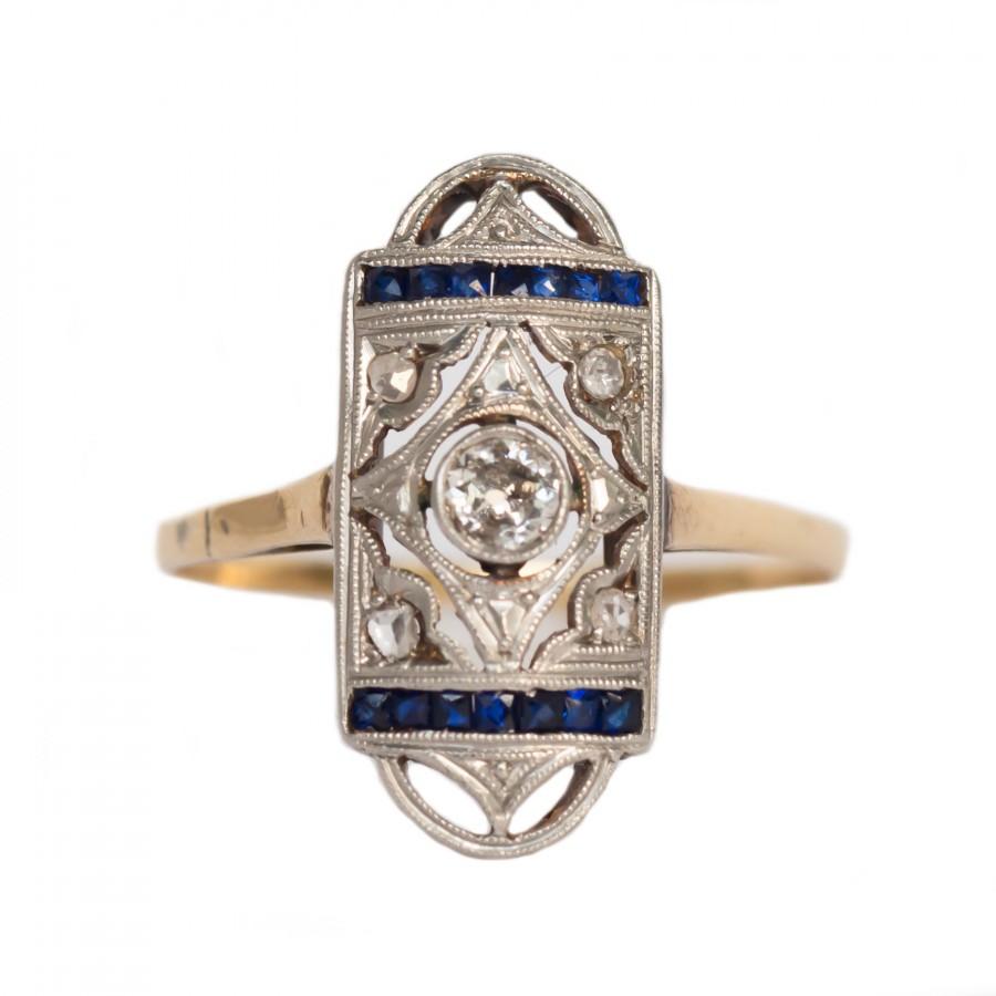 زفاف - Circa 1920 Art Deco Platinum and 14k Yellow Gold .15ct Old European and .04cttw Rose Cut Diamond Engagement Ring-VEG#1392