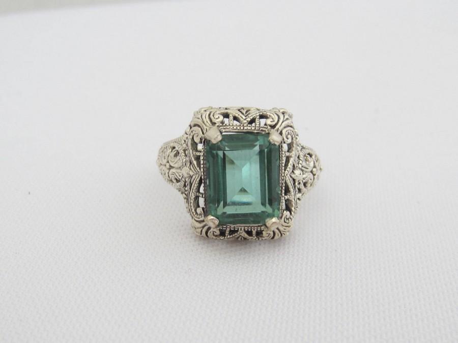 Wedding - Vintage Sterling Silver Emerald Filigree Ring Size 9