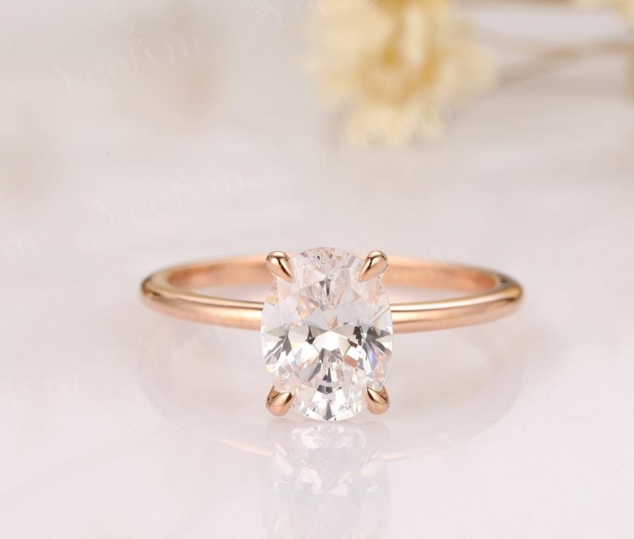 زفاف - 14K Solid Rose Gold Rings/ Solitaire 1.5CT Oval Simulated Diamond Wedding Ring/ Tiny Moissanite Engagement Ring/ 4 Prong Minimalist Rings