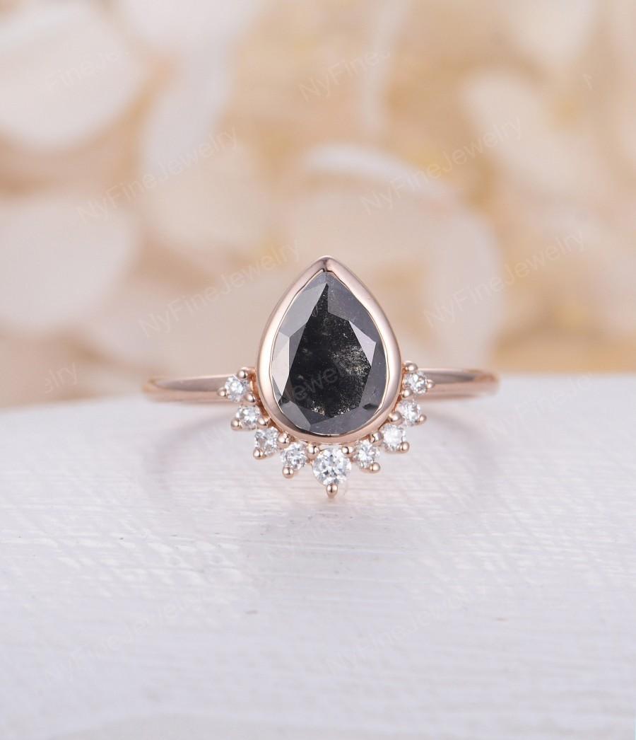 Свадьба - Pear cut salt and pepper diamond Engagement Ring Rose Gold engagement ring Vintage Diamond Wedding  Bridal  Promise Anniversary