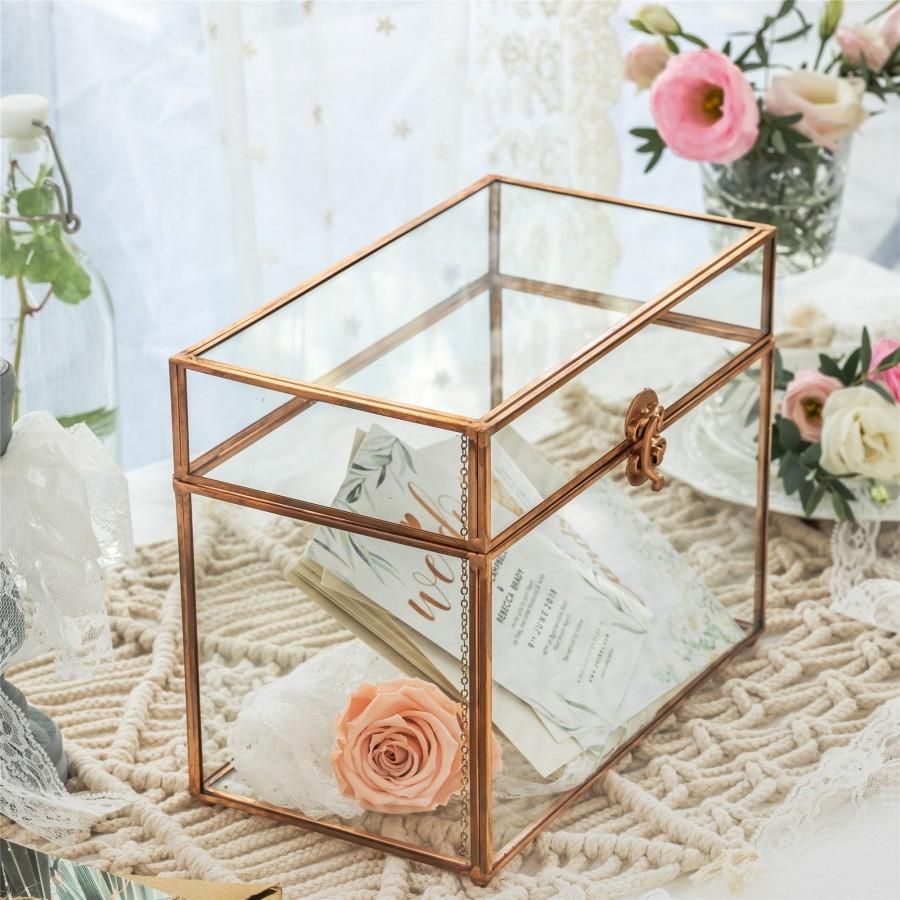 Wedding - Pure Copper Medium Geometric Glass Card Box Terrarium Foot Latch Rose Gold Handmade Rectangular for Wedding Receiption Wishwell Keepsake