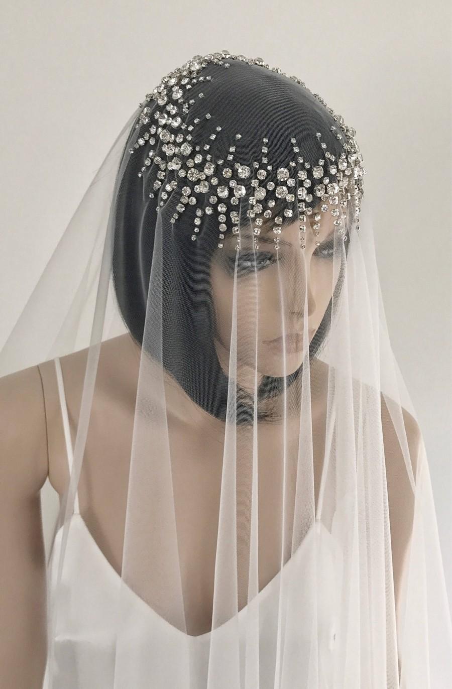 Свадьба - Beaded bridal veil Blusher wedding veil Off white beaded veil Two tier veil Floor length veil Long veil Drop veil Rhinestone veil