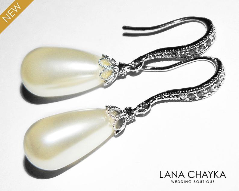 زفاف - Wedding Ivory Teardrop Pearl Earrings, Swarovski Pearl Silver Bridal Earrings, Ivory Pearl Jewelry, Bridesmaids Jewelry, Dangle Earrings
