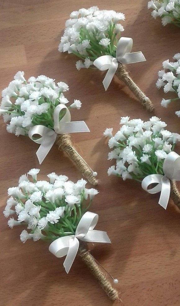 Mariage - 4 x Artificial Gypsophilia (baby's breath)button holes with stems bound in rope and finished with a ivory satin bow