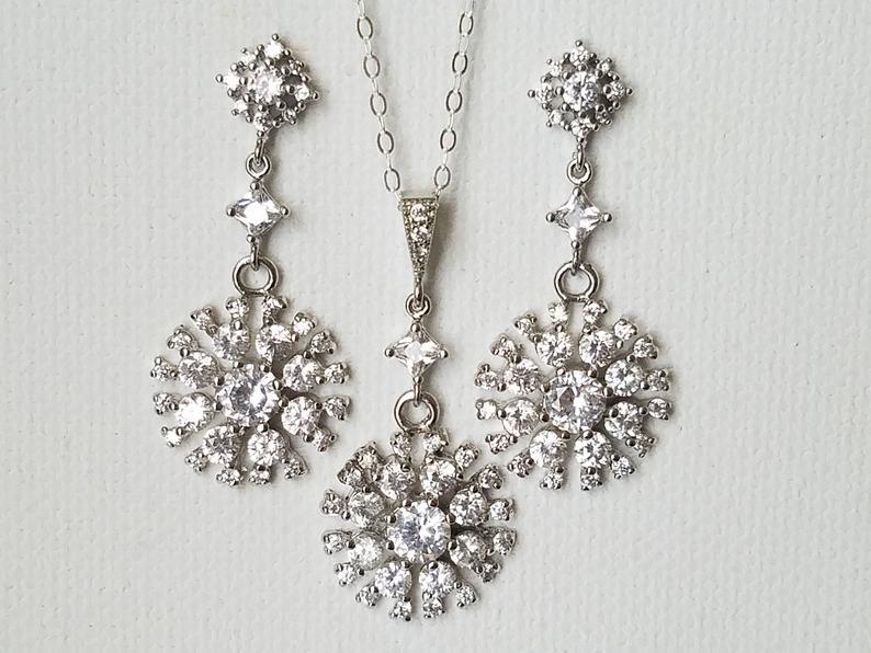 Mariage - Crystal Bridal Jewelry Set, Cubic Zirconia Earrings&Necklace Set, Bridesmaids Jewelry, Crystal Earrings, Wedding CZ Jewelry, Bridal Jewelry
