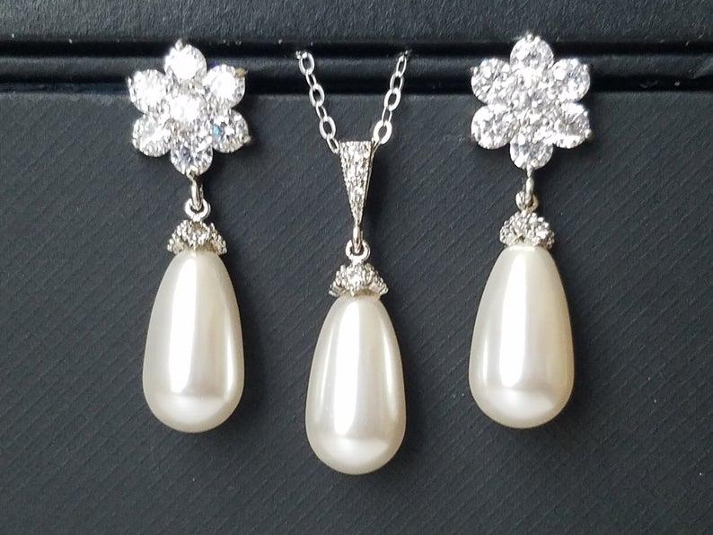 زفاف - White Pearl Bridal jewelry Set, Swarovski White Pearl Earrings Necklace Set, Wedding Pearl Jewelry Set, Teardrop Pearl Silver Bridal Jewelry