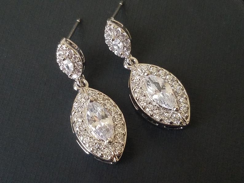 Hochzeit - Crystal Bridal Earrings, Cubic Zirconia Marquise Earrings, Wedding Earrings, Cubic Zirconia Halo Earrings, Bridal Jewelry, Prom Jewelry