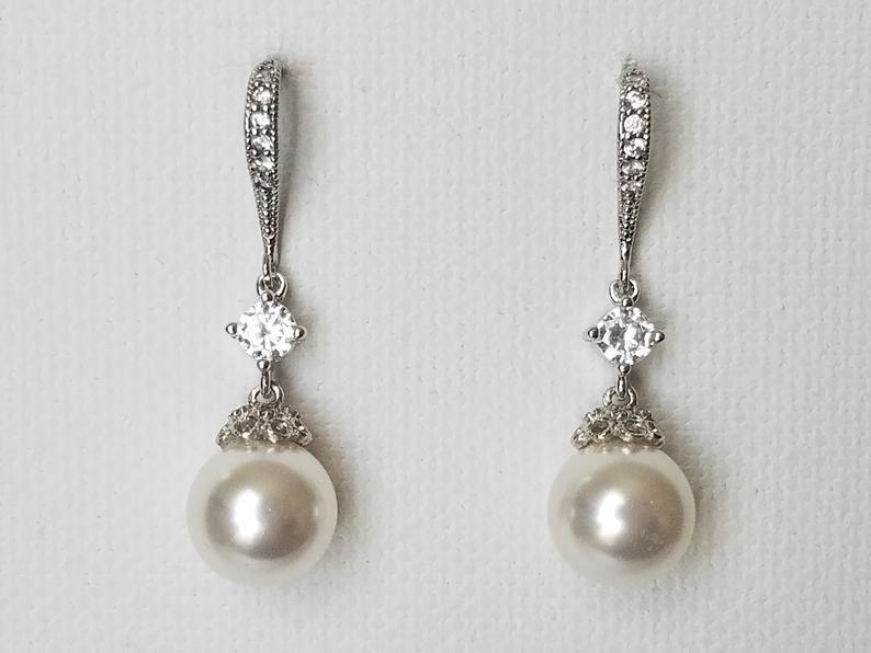 Wedding - Pearl Bridal Earrings, Swarovski White Pearl Silver Earrings, Wedding Pearl Dangle Earrings, Pearl Bridal Jewelry, Pearl Chandelier Earrings