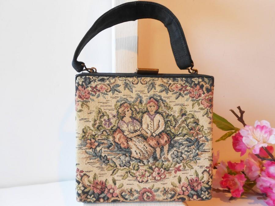 Hochzeit - 1940's Tapestry Handbag, Vintage Purse, Tapestry Evening Bag, Retro Fashion,  EB-0441