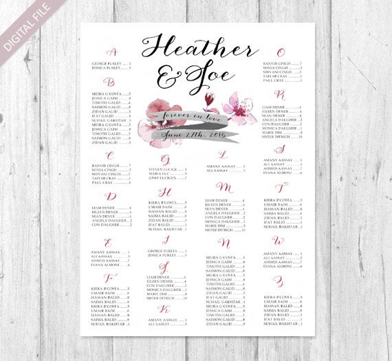 Mariage - Alphabetical Vintage Wedding Seating Chart - Printable Customized Floral Watercolor wedding seating board - DIGITAL file!