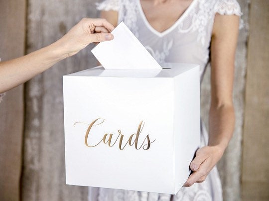 Hochzeit - Wedding Reception Card Box/  White Wedding /Gold Text / Wedding Cards / Guest Presents/ Envelope /Wedding Gift /Decorations / Just Married