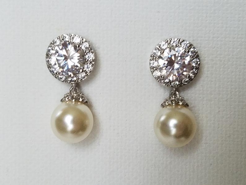 Wedding - Pearl Wedding Earrings, Swarovski Ivory Pearl Silver Earrings, Bridal Pearl Cubic Zirconia Earrings, Pearl Bridal Jewelry, Wedding Jewelry