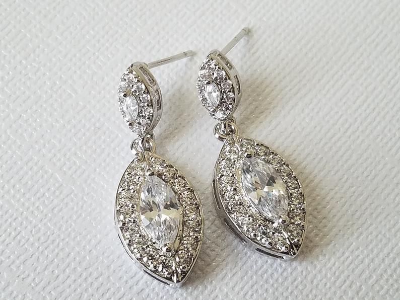 Hochzeit - Crystal Bridal Earrings, Cubic Zirconia Marquise Earrings, Wedding Earrings, Cubic Zirconia Halo Earrings, Bridal Jewelry, Prom Jewelry