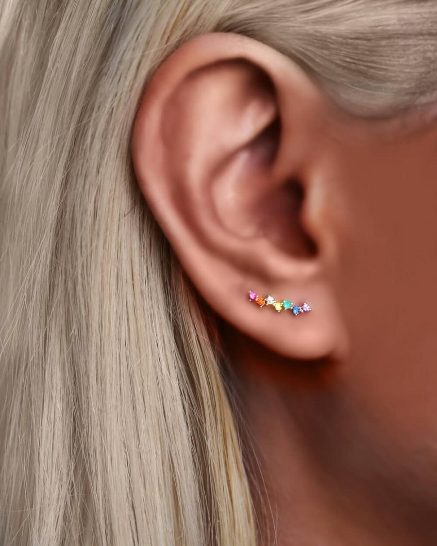 زفاف - Tiny Earrings, multicolor rainbow climbers, Multicolor earrings, Pride Earrings, Rainbow Earrings, Gift for her