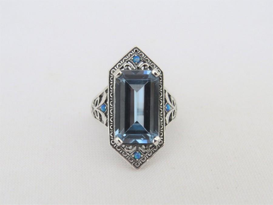 زفاف - Vintage Sterling Silver Aquamarine & Blue Opal Ring Size 7