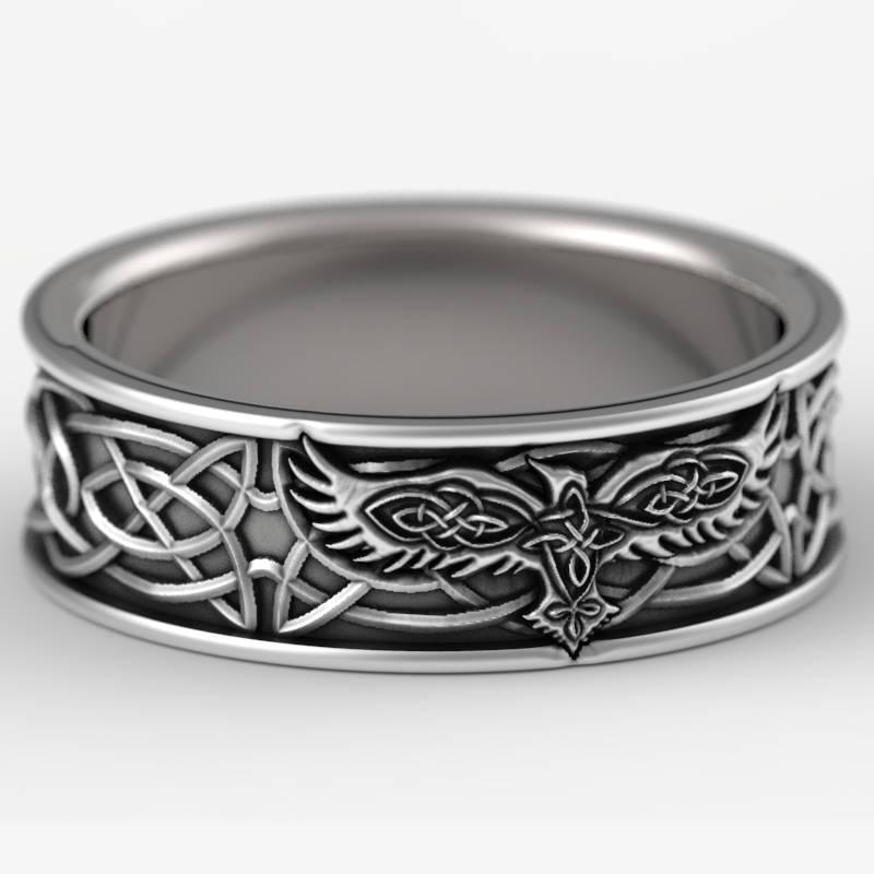 زفاف - Sterling Silver Celtic Raven Ring, Raven Wedding Band, Mens Wedding Band, Irish Wedding, Raven Jewelry, Celtic Knot Ring, Custom Size 1161