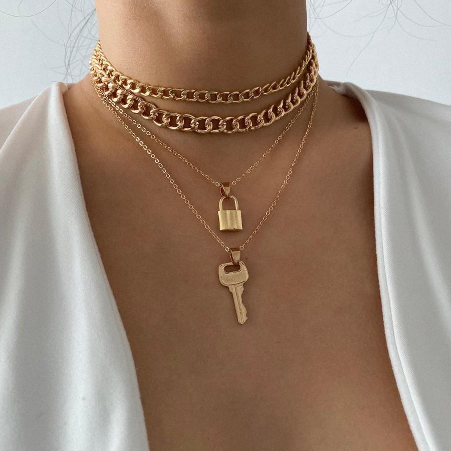 Wedding - Multi-layer Gold Tone Curb Link Chain Lock & Key Pendant Choker Necklace Set