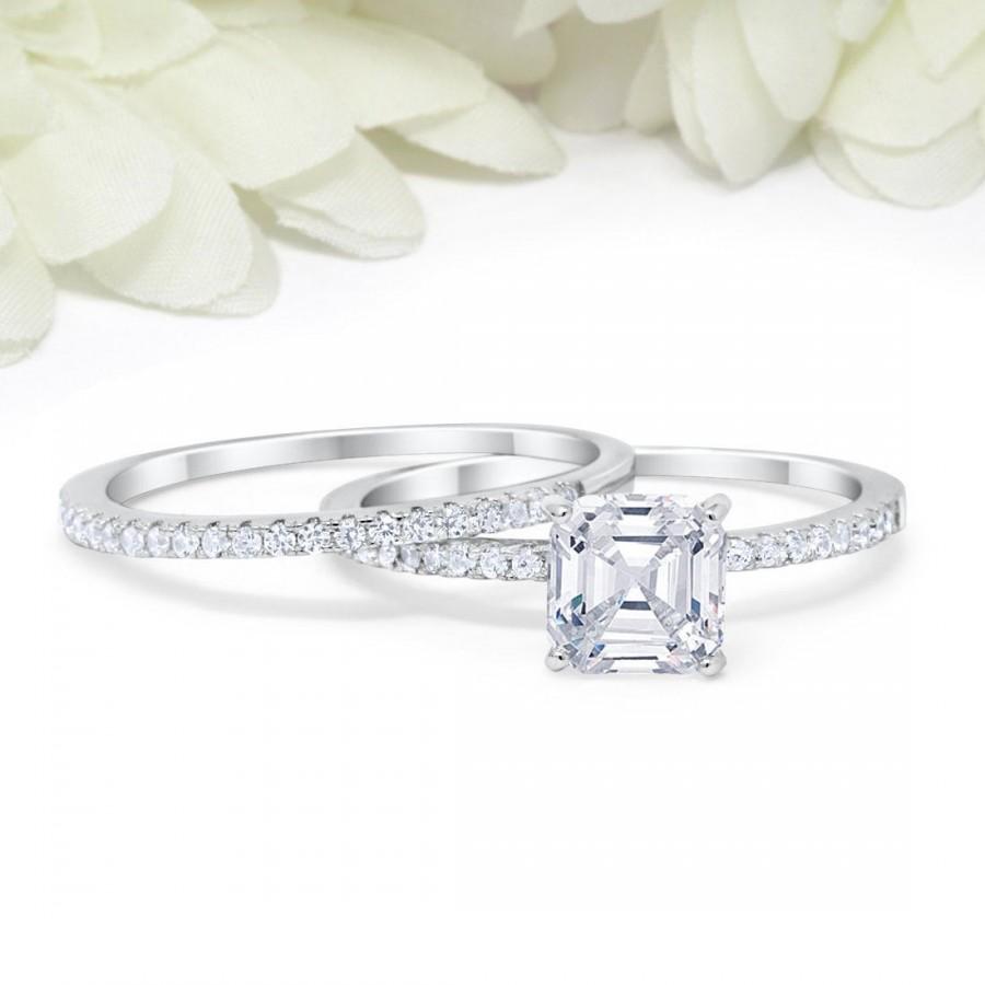 Mariage - 2.00 Carat Asscher Cut Wedding Sent Engagement Ring Band Bridal Set Round Simulated Diamond Sterling Silver