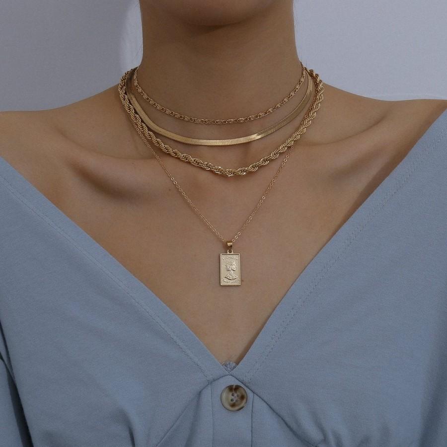 زفاف - Multi-Layer Gold Silver Tone Embossed Rectangle Charm Pendant Rope Chain Choker Necklace Set