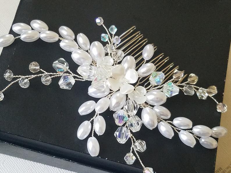زفاف - Bridal Hair Comb, Wedding White Pearl Crystal Hair Piece, Crystal Pearl Silver Headpiece, Bridal Hair Jewelry, Pearl Crystal Floral Comb