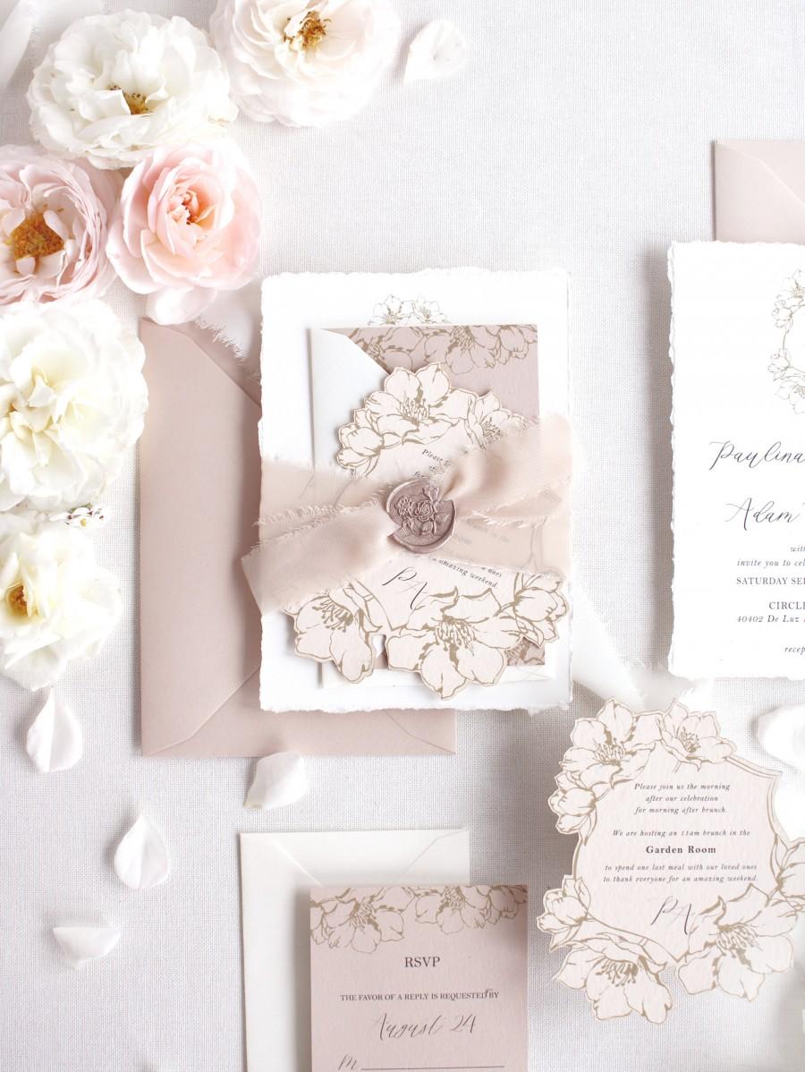زفاف - Nude Wedding Invitation, Rose Floral Wedding Invitation, French Provence Invitation, Floral Monogram, Deckled Edge, Torn Edge