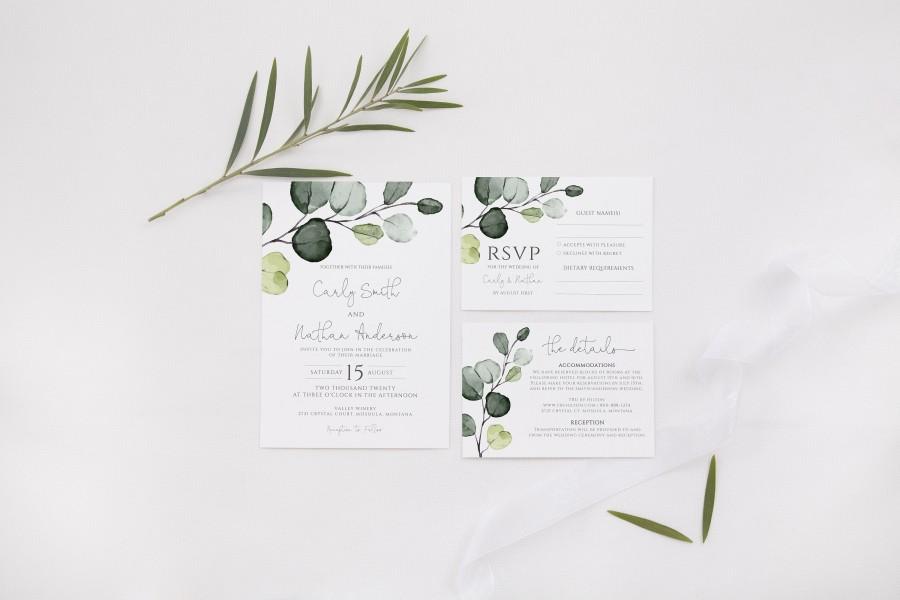 Свадьба - Eucalyptus Wedding Invitation Suite Template, Editable Wedding Invitation Set, RSVP and Details, 100% EDITABLE Text, Instant Download, P33