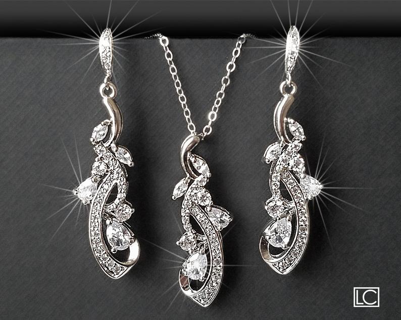 Wedding - Bridal Crystal Jewelry Set, Wedding Floral Earrings Necklace Set, Chandelier Earrings Pendant Set, Bridal CZ Jewelry Wedding Crystal Jewelry