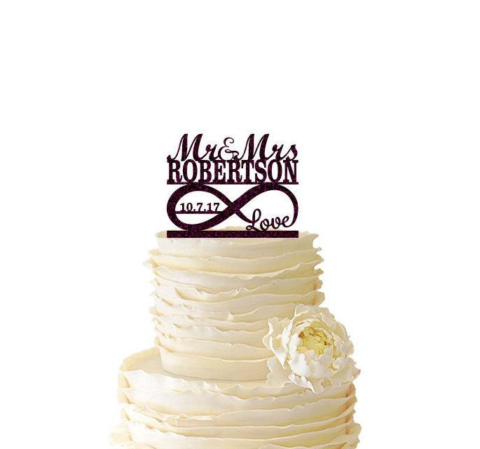 زفاف - Glitter Infinity Symbol W/ Love - Mr and Mrs - Personalized With Name and Date -  Acrylic Wedding/Special Event Cake Topper - 104