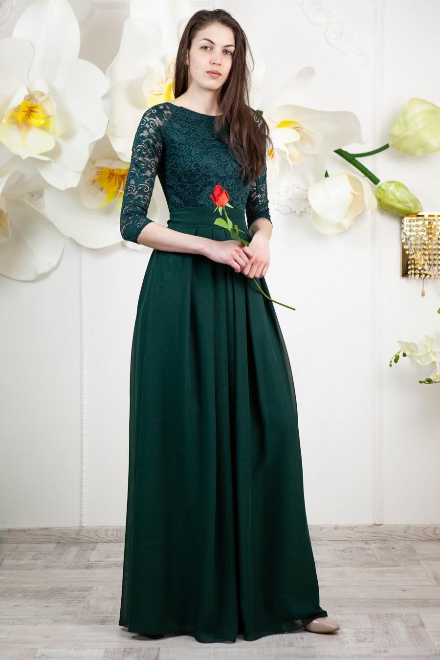 Wedding - Green bridesmaid dress. Long lace dress with 3/4 sleeves. Mother of the groom dress. Junior bridesmaid dress. Evening gown