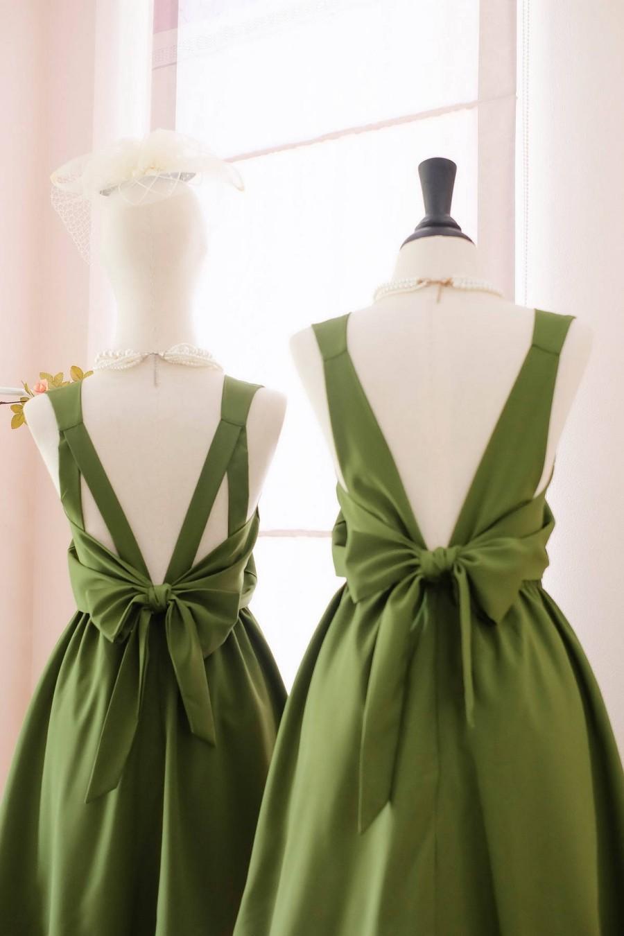 Hochzeit - Moss green dress green Bridesmaid dress Wedding Prom dress Cocktail Party dress Evening dress Backless bow dress