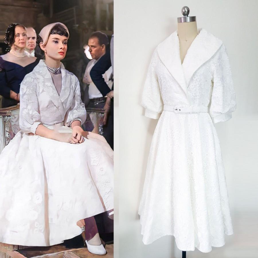 Hochzeit - Roman Holiday Final Scene Dress/ Audrey Hepburn white organza dress/ Princess Ann/ 1950s Wedding Dress/ tea length gown/ Custom made dress
