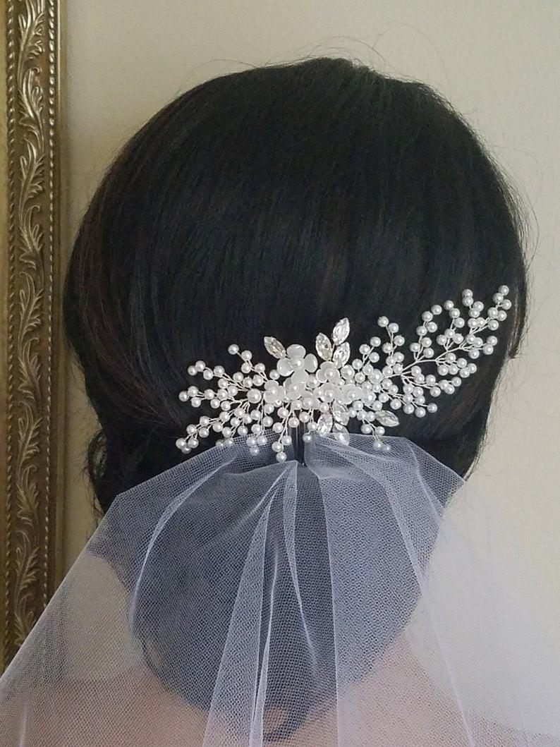 Wedding - Pearl Crystal Bridal Hair Comb, Wedding Hair Piece, White Pearl Crystal Headpiece, Bridal Pearl Hair Jewelry, Crystal Pearl Bridal Hairpiece