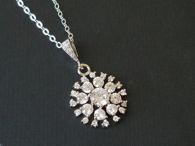 Mariage - Cubic Zirconia Bridal Necklace, Wedding Crystal Necklace, Crystal Halo Sparkly Pendant, Bridal CZ Jewelry, Wedding Jewelry, Prom Necklace