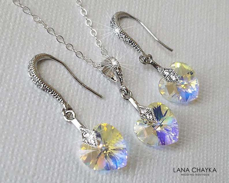 Свадьба - Heart Crystal Jewelry Set, Swarovski Aurora Borealis Earrings&Necklace Set, Crystal Heart Wedding Jewelry, Bridal AB Heart Jewelry